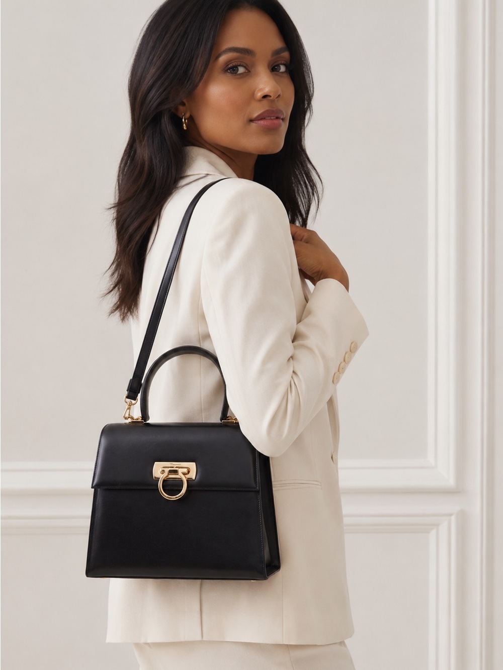 Salvatore Ferragamo Vintage Gancini Top Handle Bag Black Leather Gold Hardware
